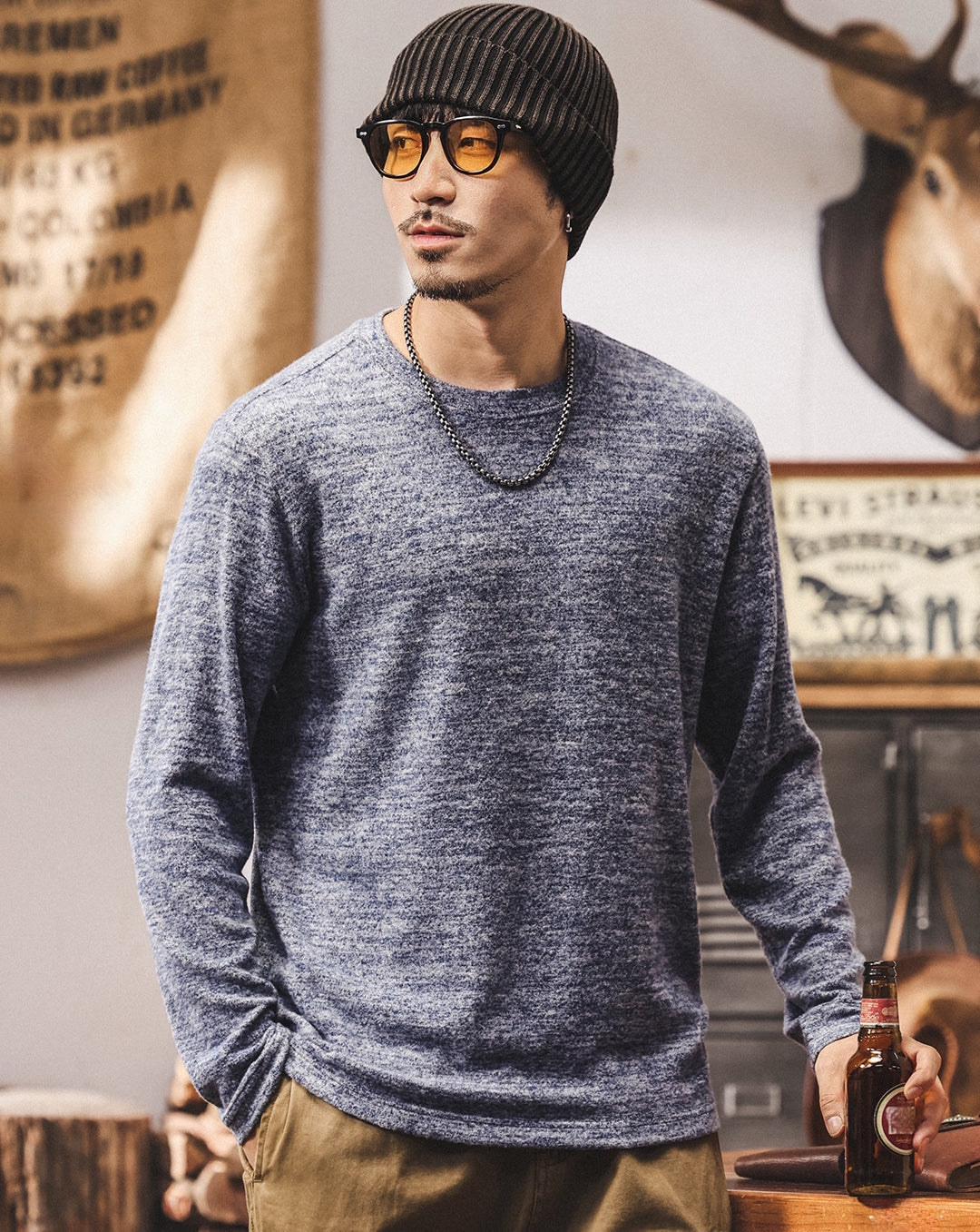 Soft Knitted Skin Friendly Fleece Crew Neck Tee