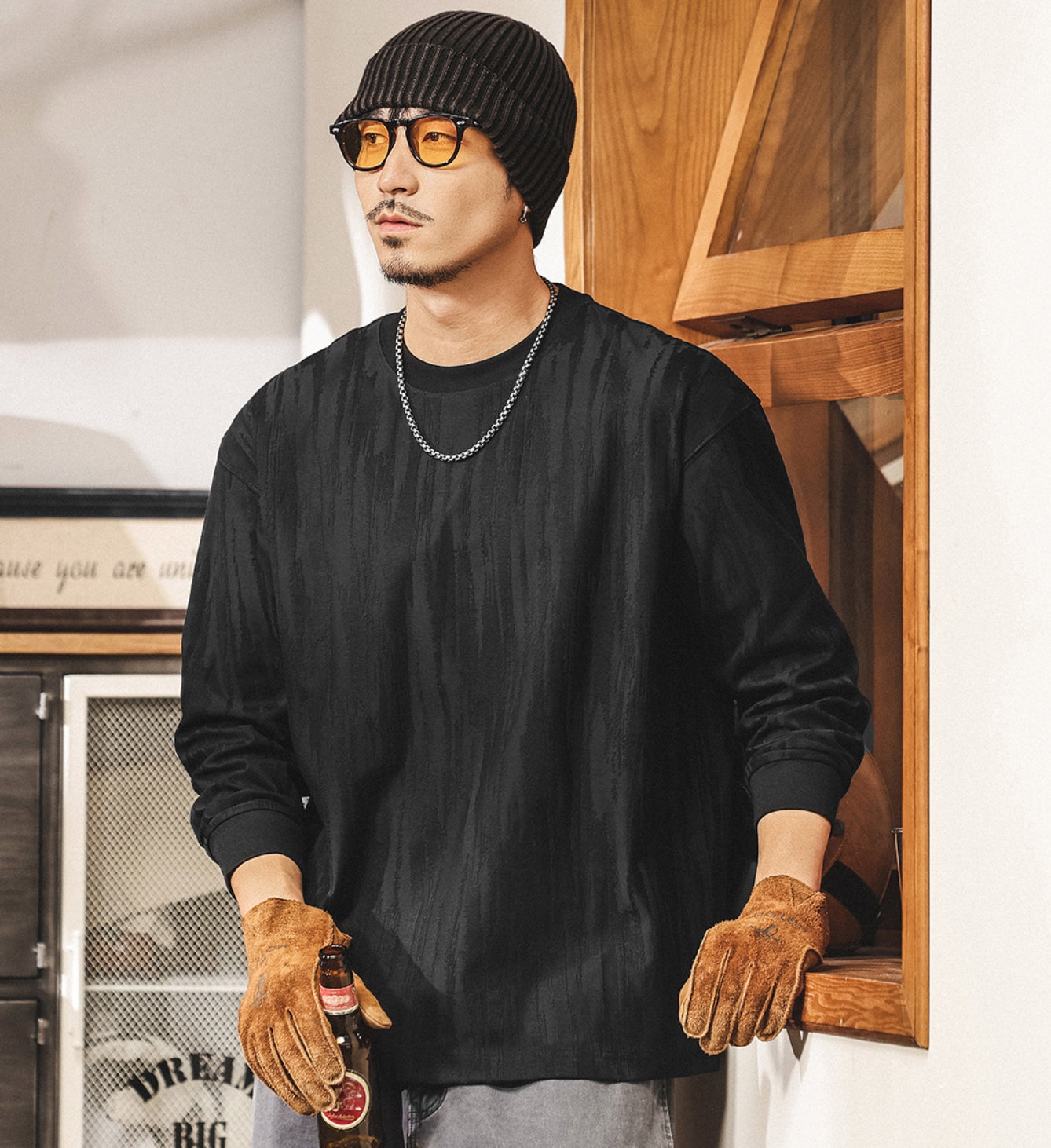 Tree Grain Texture Dropped Shoulder Sleeve Tee