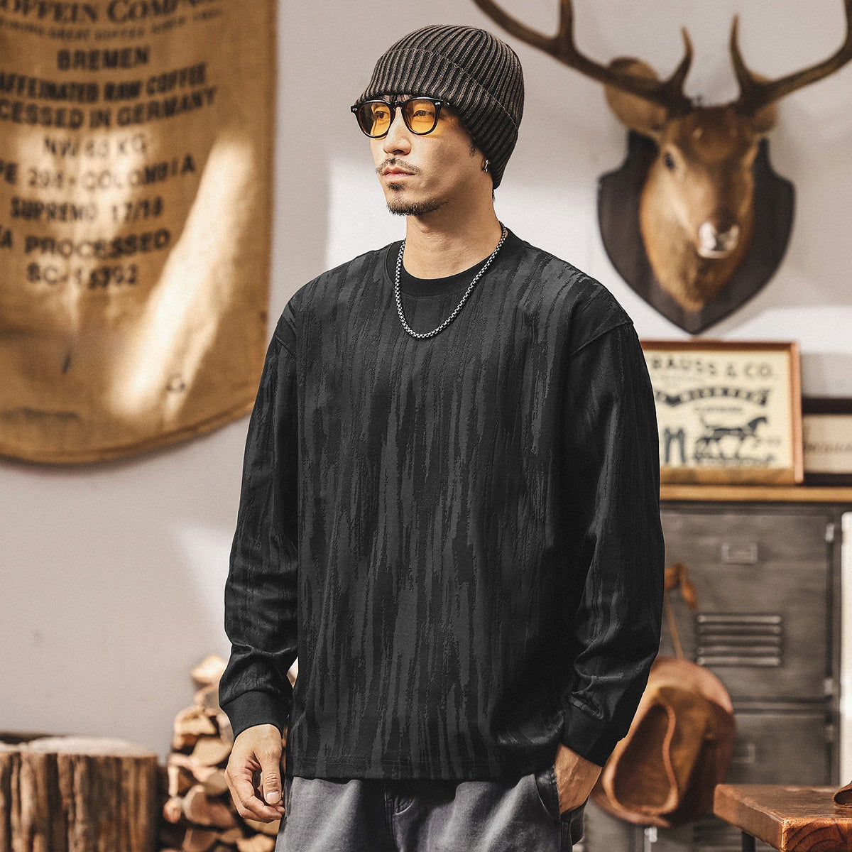 Tree Grain Texture Dropped Shoulder Sleeve Tee