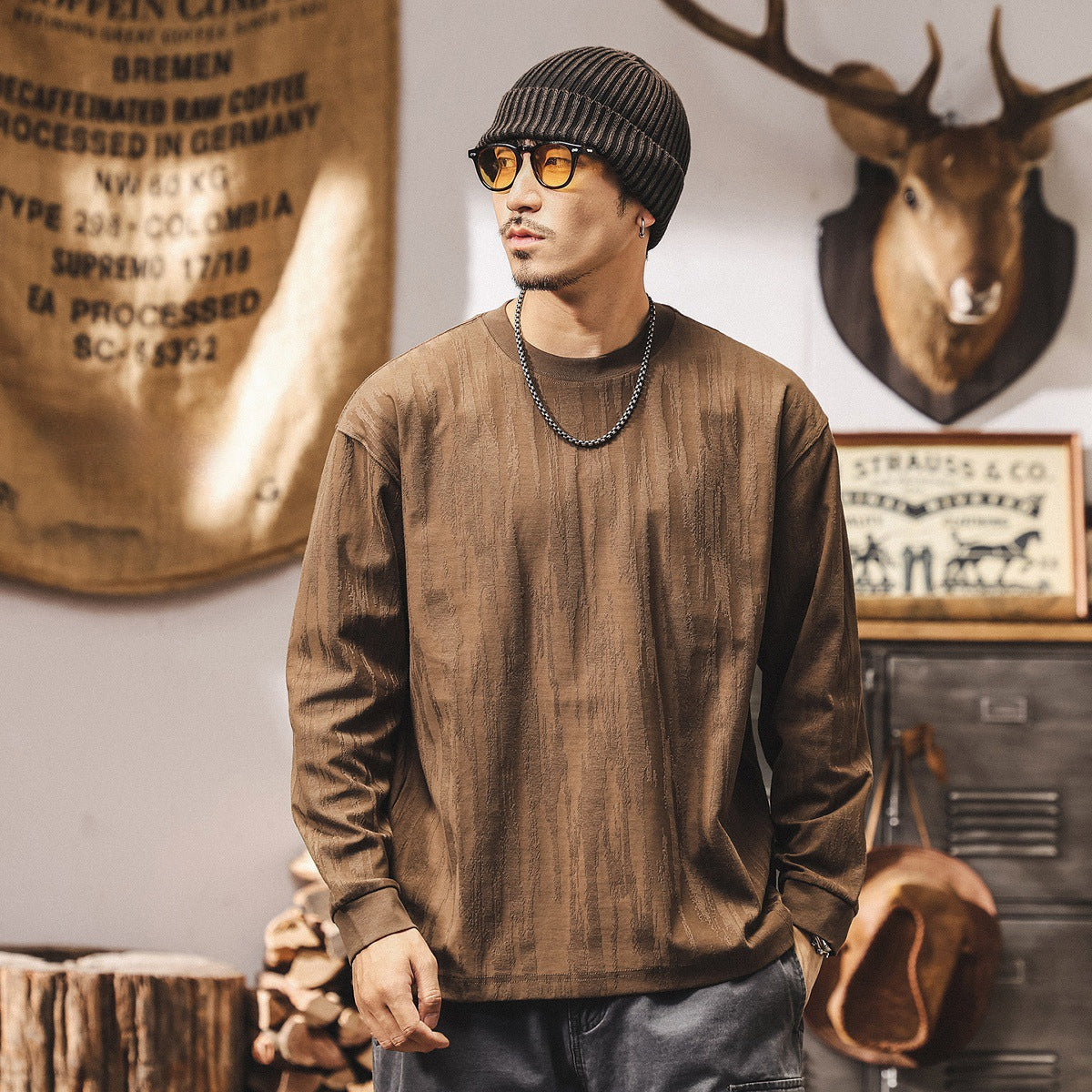 Tree Grain Texture Dropped Shoulder Sleeve Tee