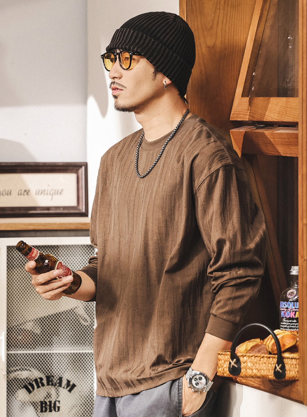 Tree Grain Texture Dropped Shoulder Sleeve Tee