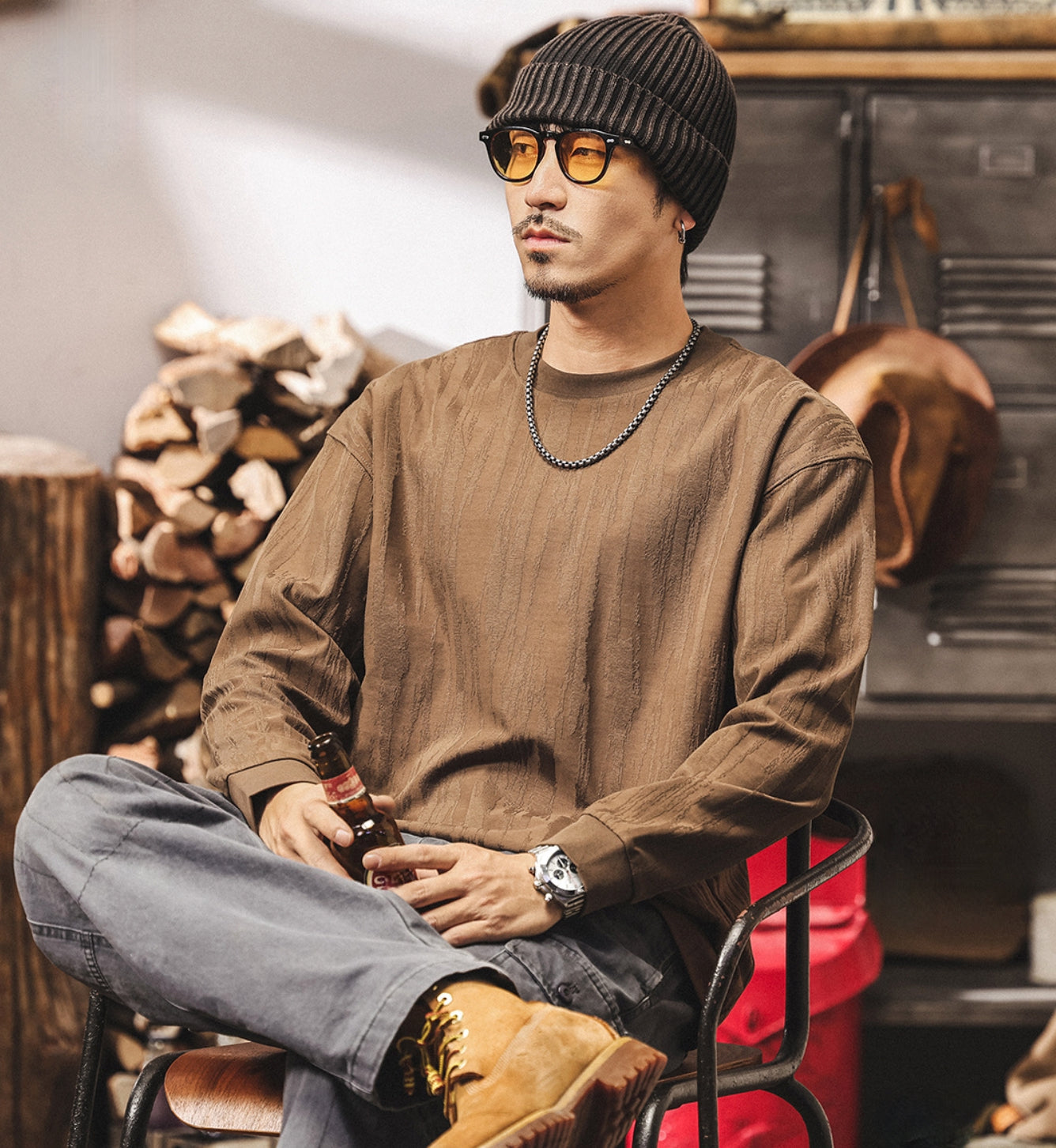 Tree Grain Texture Dropped Shoulder Sleeve Tee