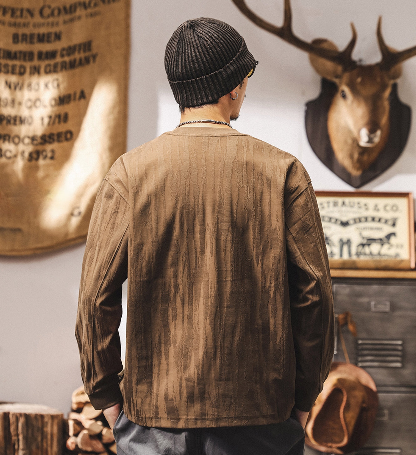 Tree Grain Texture Dropped Shoulder Sleeve Tee