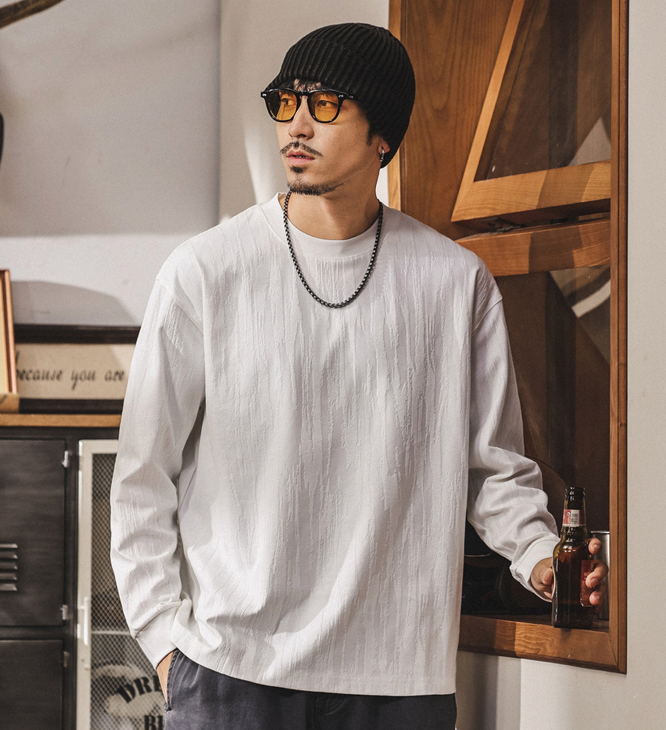 Tree Grain Texture Dropped Shoulder Sleeve Tee