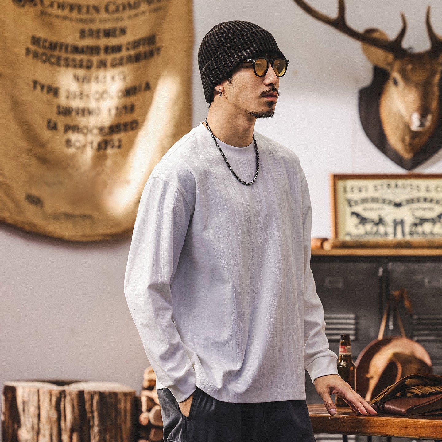 Tree Grain Texture Dropped Shoulder Sleeve Tee