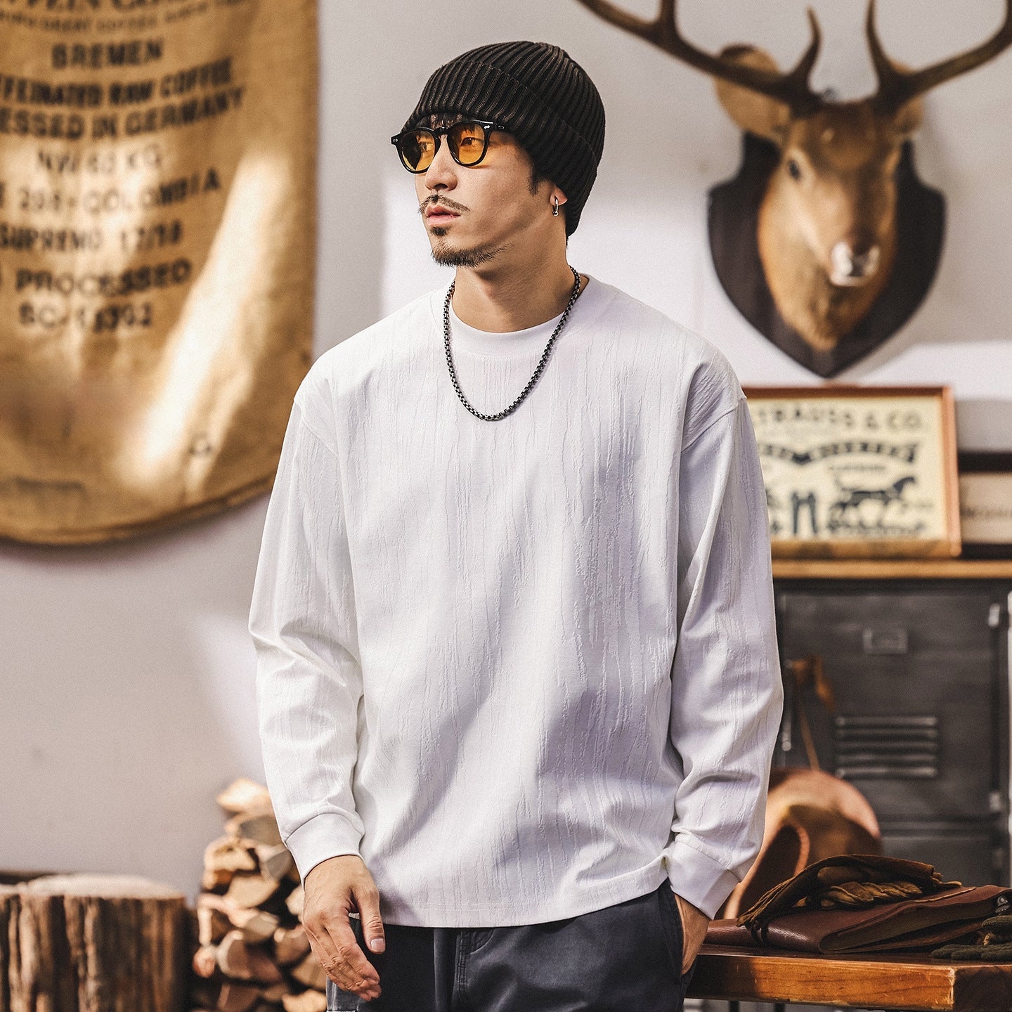 Tree Grain Texture Dropped Shoulder Sleeve Tee