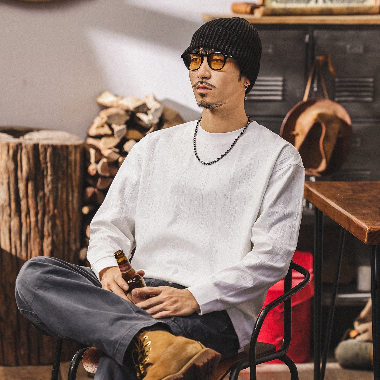 Tree Grain Texture Dropped Shoulder Sleeve Tee