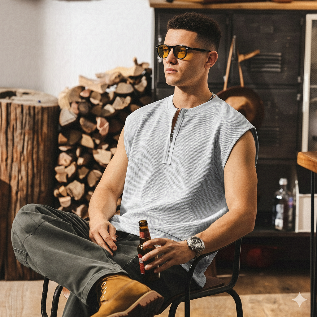 Waffle Grid Zip T-Shirt Vest in Grey