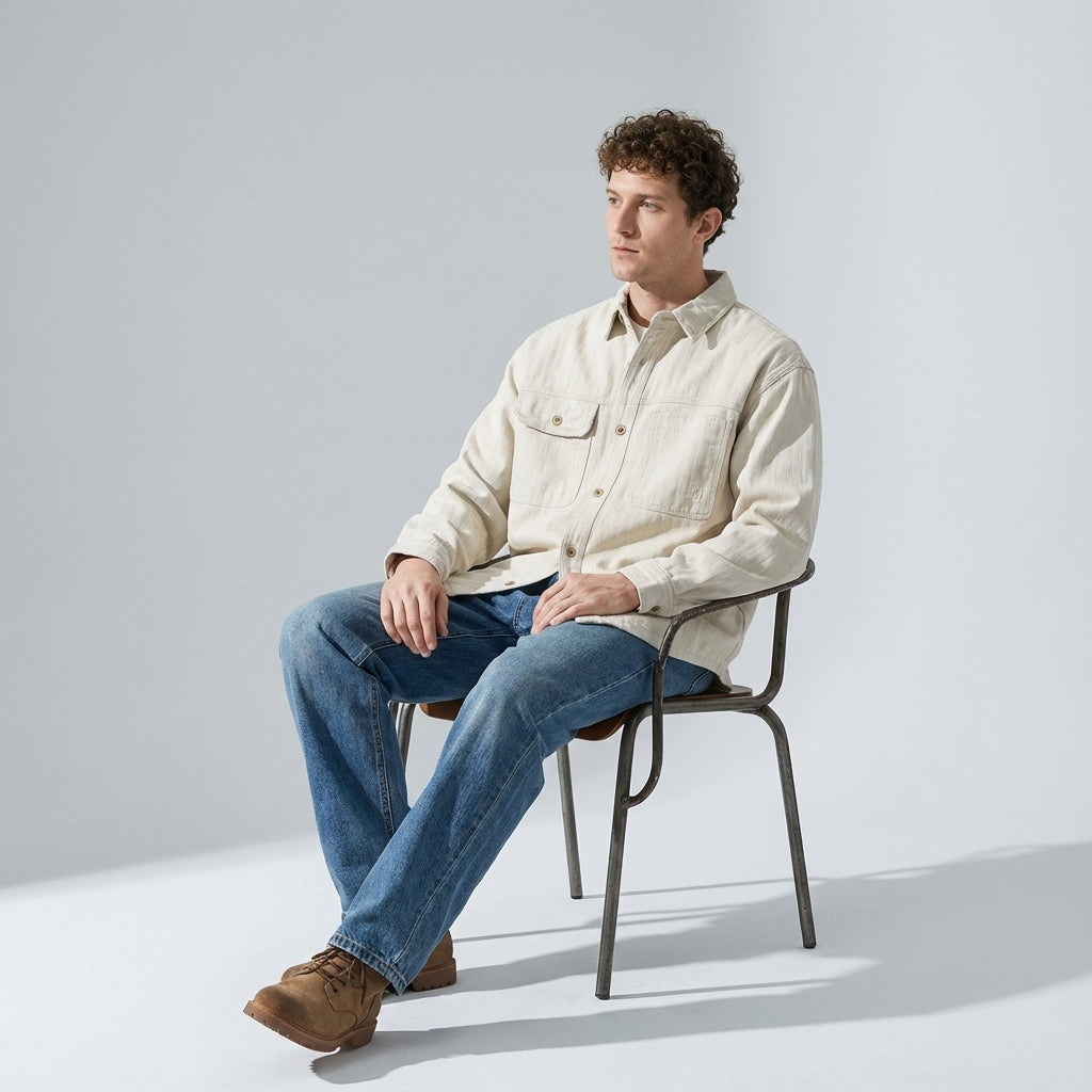 Distressed Herringbone Weave Denim Shirt