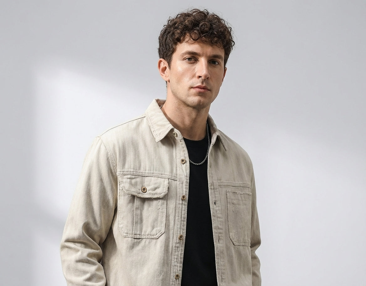 Distressed Herringbone Weave Denim Shirt