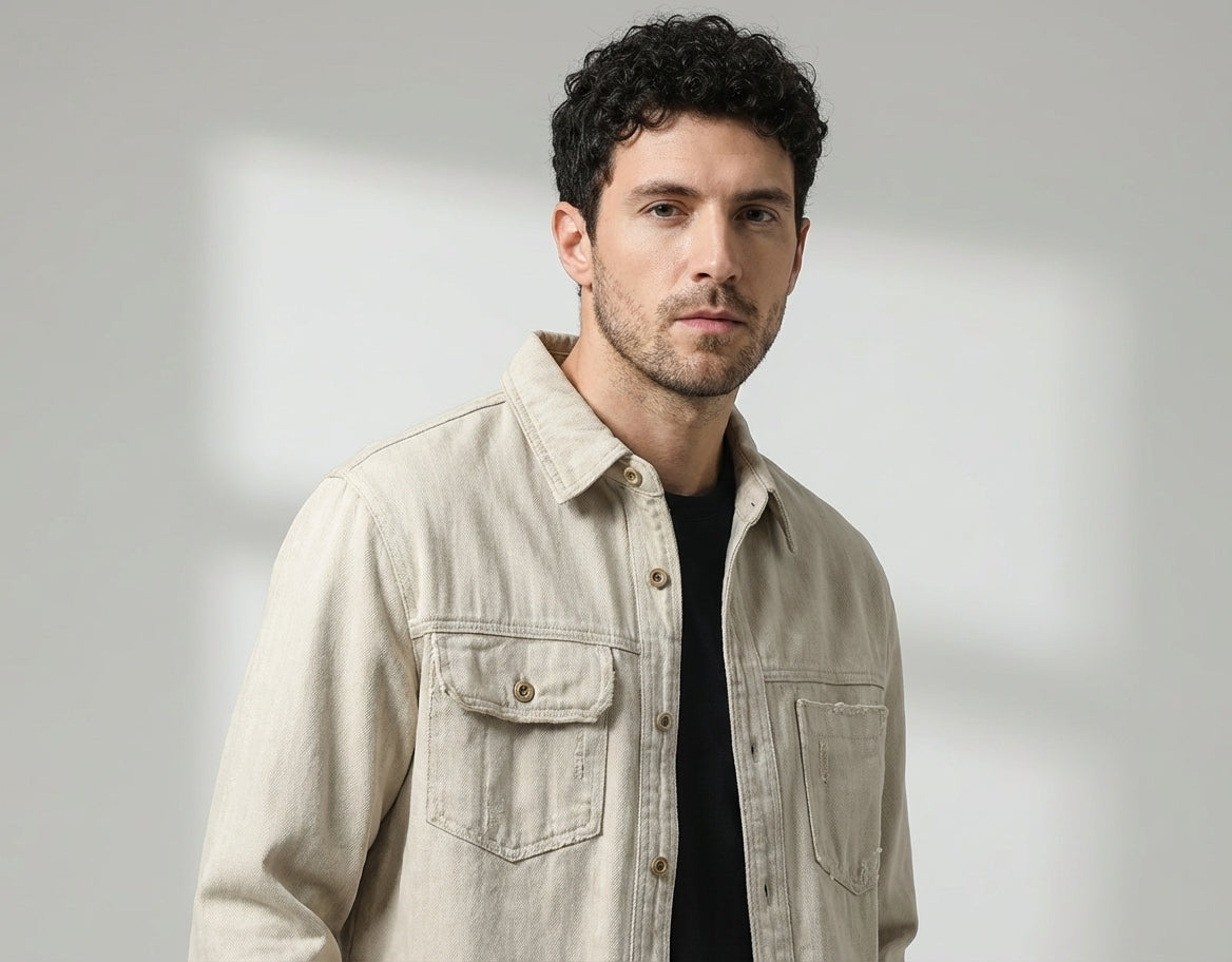 Distressed Herringbone Weave Denim Shirt