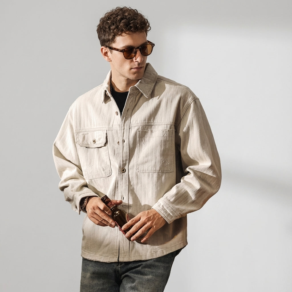 Distressed Herringbone Weave Denim Shirt