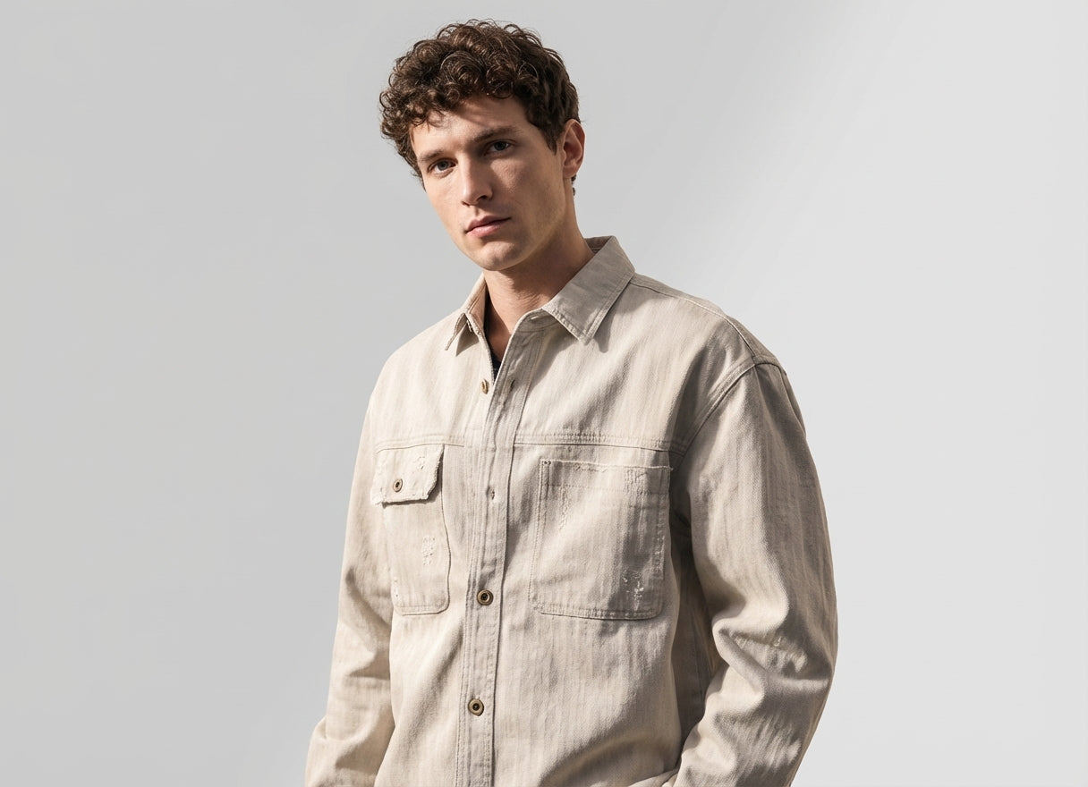 Distressed Herringbone Weave Denim Shirt