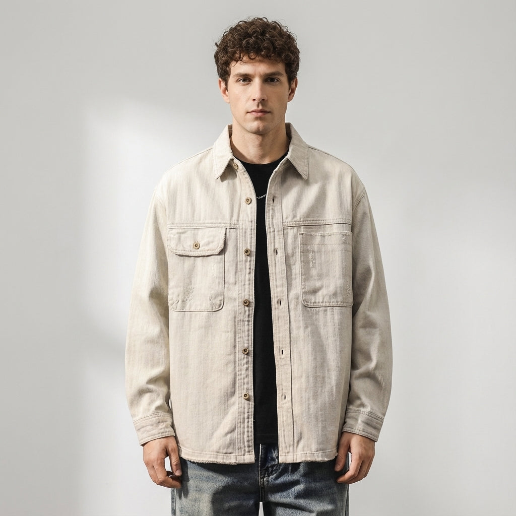 Distressed Herringbone Weave Denim Shirt