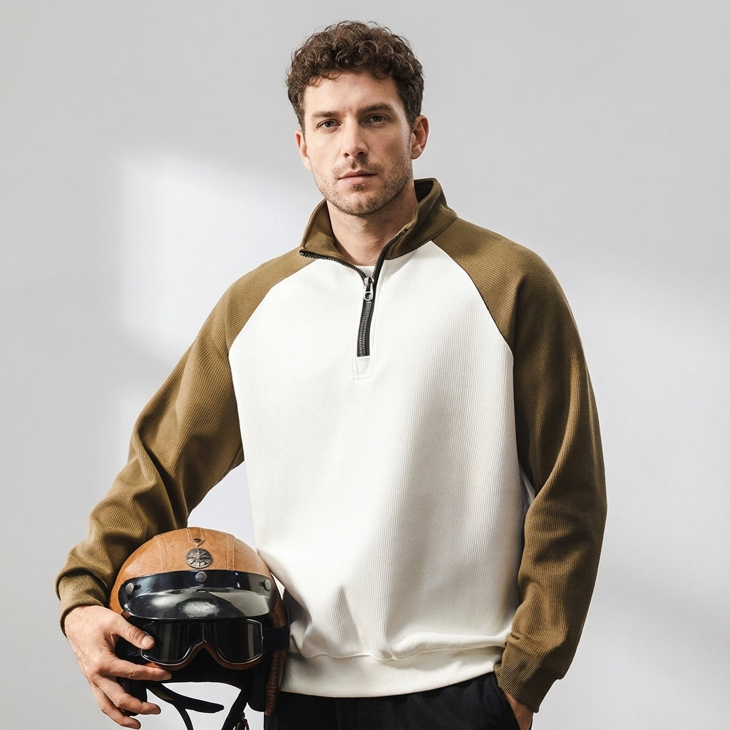 Raglan Sleeve Half Zip Sweatshirt in Mocha Brown