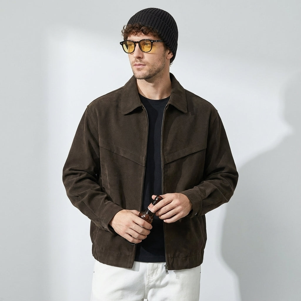 Suede Leather Jacket in Dark Brown