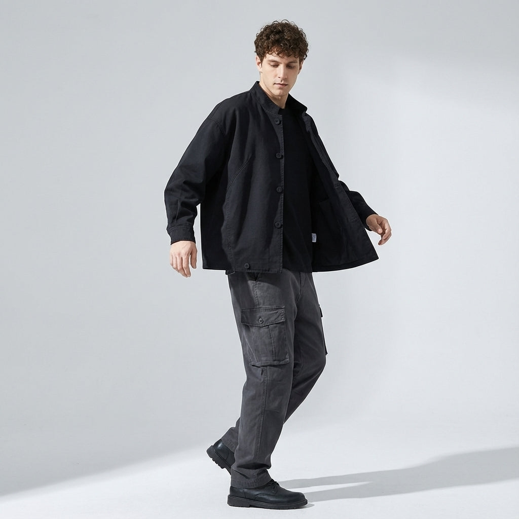 Japanese Retro Washed Denim Jacket in Black