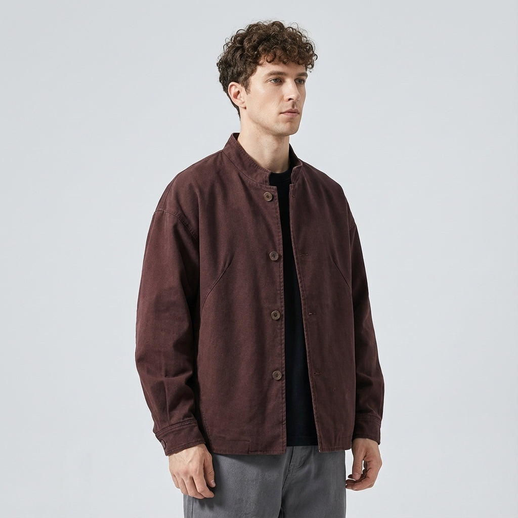 Japanese Retro Washed Denim Jacket in Mud Red