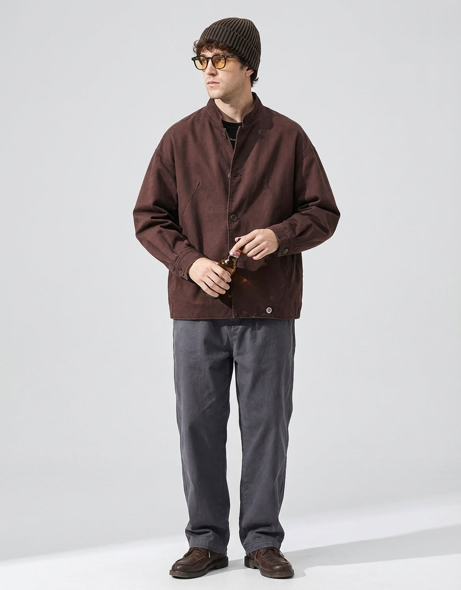 Japanese Retro Washed Denim Jacket in Mud Red