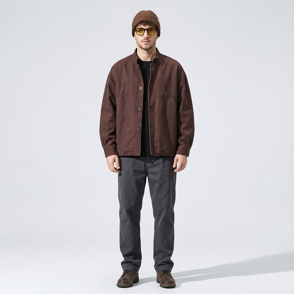 Japanese Retro Washed Denim Jacket in Mud Red