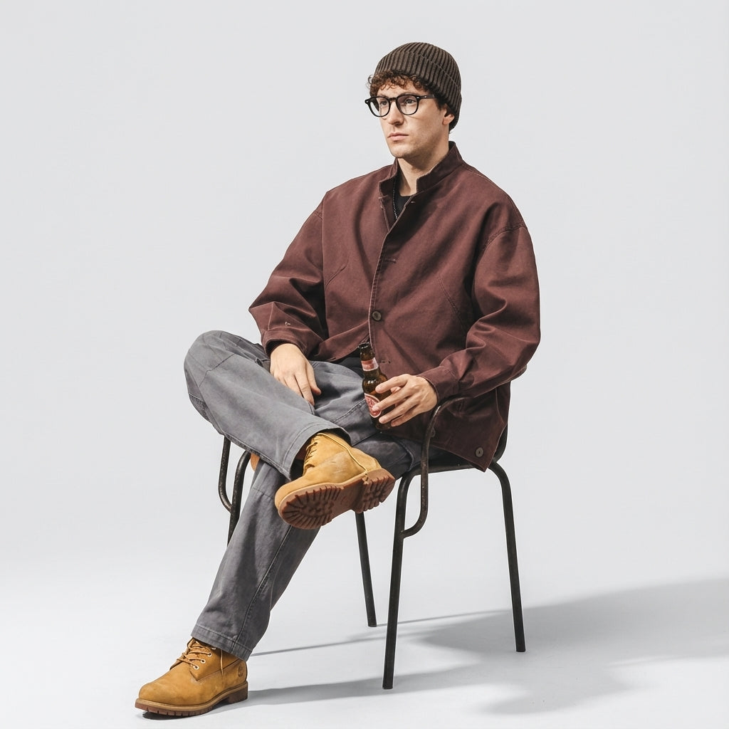 Japanese Retro Washed Denim Jacket in Mud Red