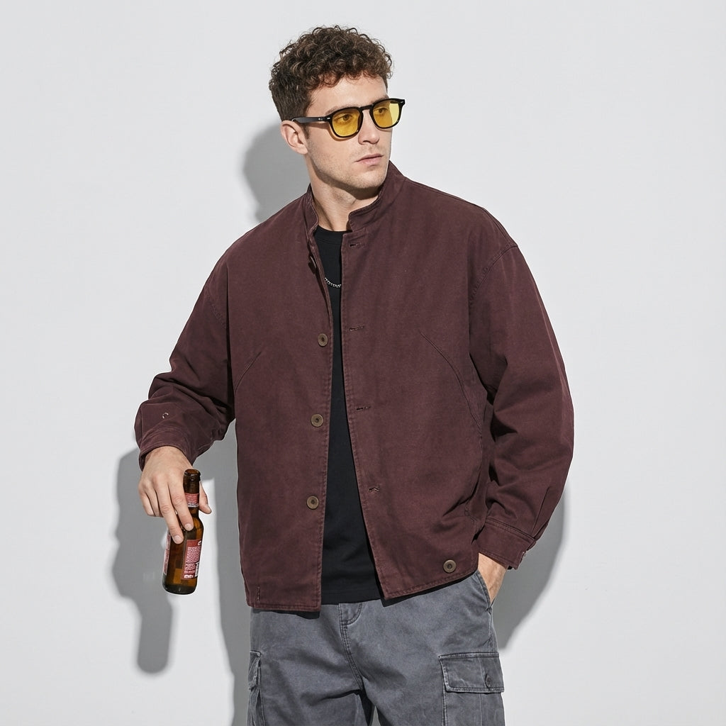 Japanese Retro Washed Denim Jacket in Mud Red