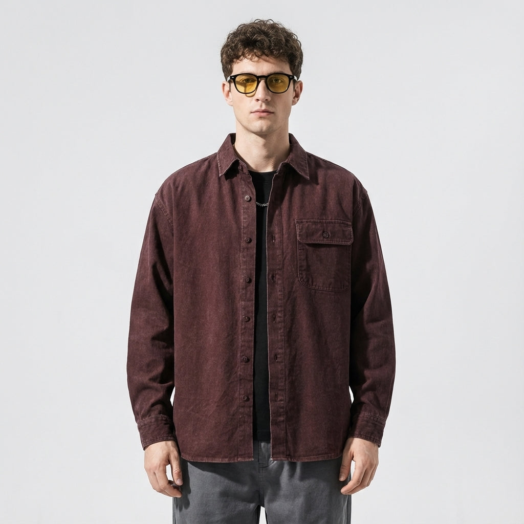 Enzyme Washed Over Shirt Jacket in Vintage Burgundy