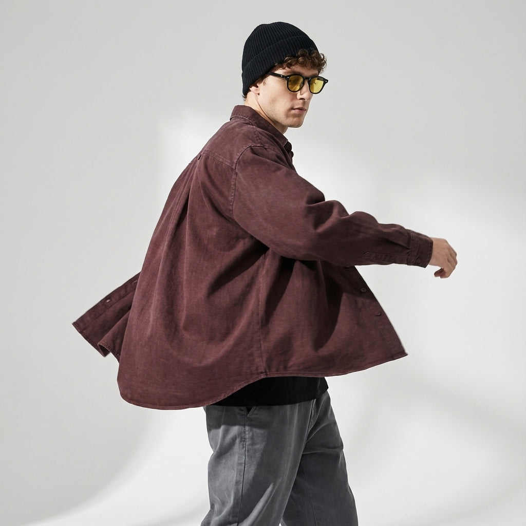 Enzyme Washed Over Shirt Jacket in Vintage Burgundy