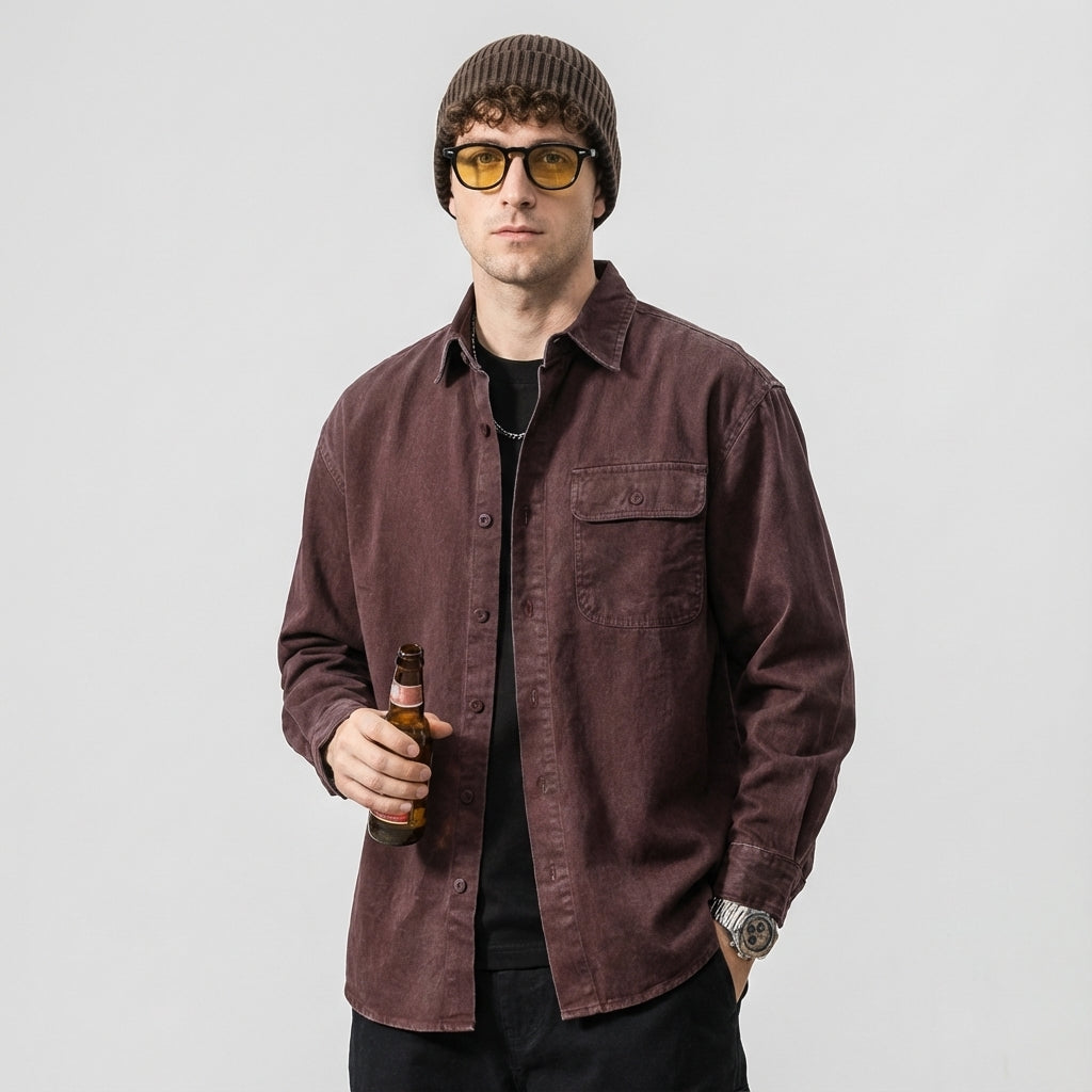 Enzyme Washed Over Shirt Jacket in Vintage Burgundy