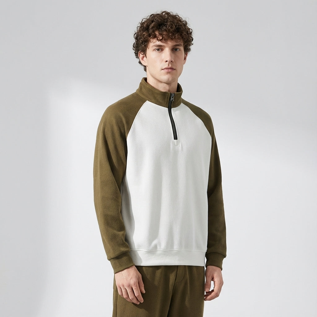 Raglan Sleeve Half Zip Sweatshirt in Mocha Brown
