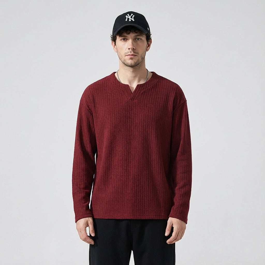 Sweater-Jacquard knit T-Shirt in Wine Red