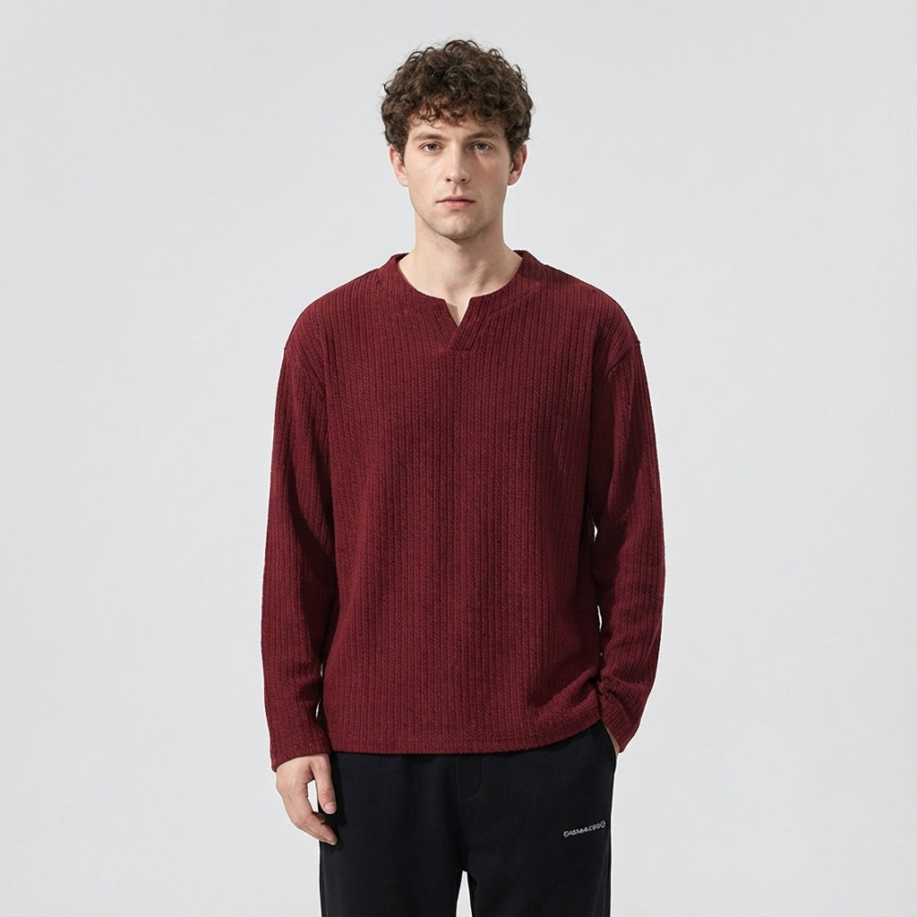 Sweater-Jacquard knit T-Shirt in Wine Red