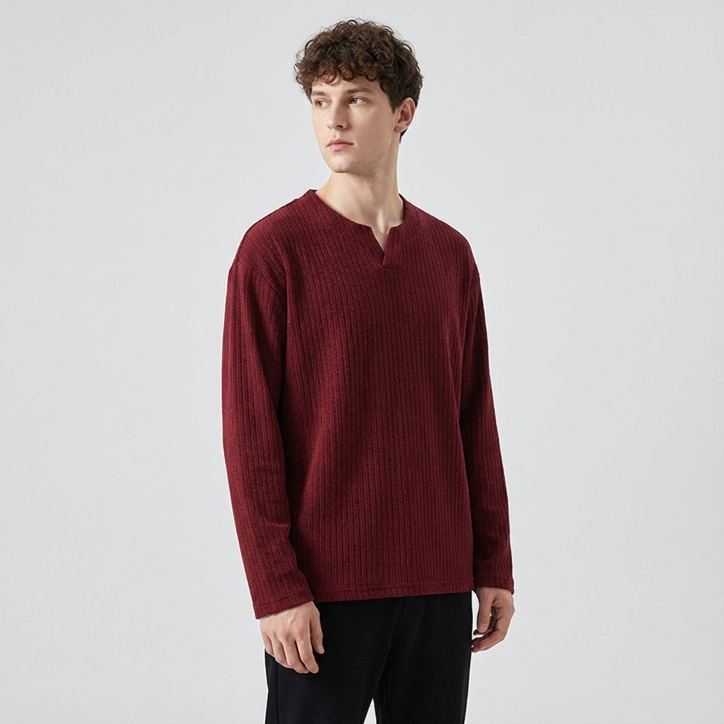 Sweater-Jacquard knit T-Shirt in Wine Red
