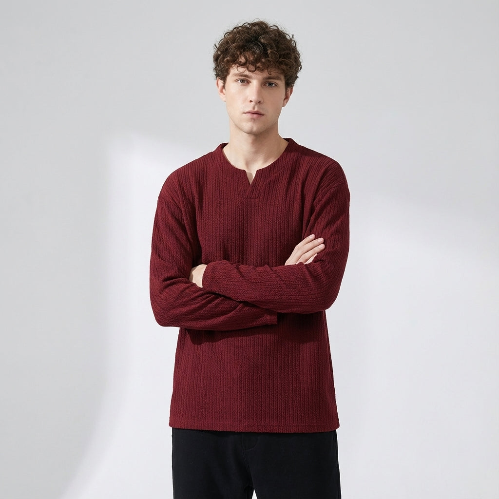 Sweater-Jacquard knit T-Shirt in Wine Red