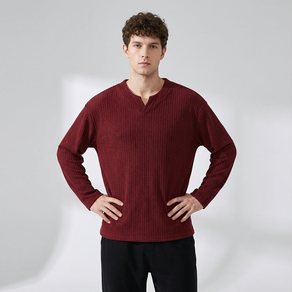 Sweater-Jacquard knit T-Shirt in Wine Red