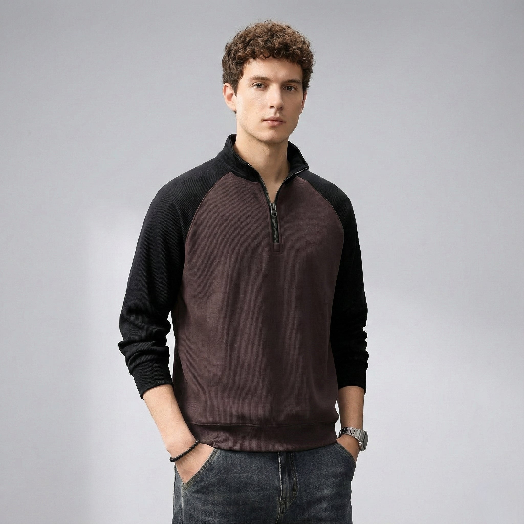 Raglan Sleeve Half Zip Sweatshirt in Black and Purple