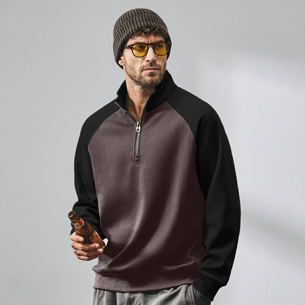 Raglan Sleeve Half Zip Sweatshirt in Black and Purple