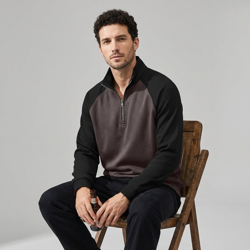 Raglan Sleeve Half Zip Sweatshirt in Black and Purple