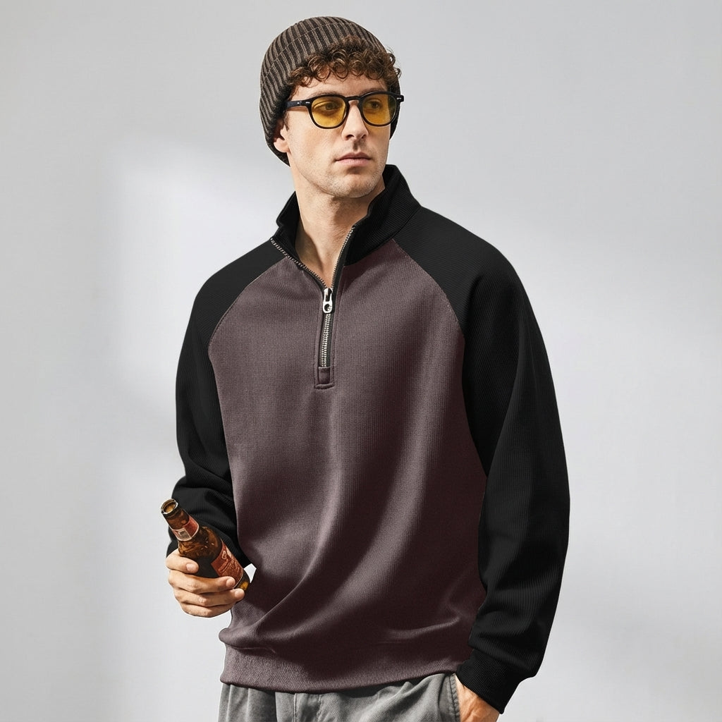 Raglan Sleeve Half Zip Sweatshirt in Black and Purple