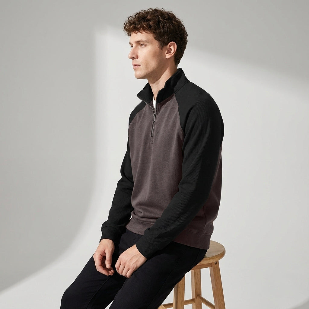 Raglan Sleeve Half Zip Sweatshirt in Black and Purple