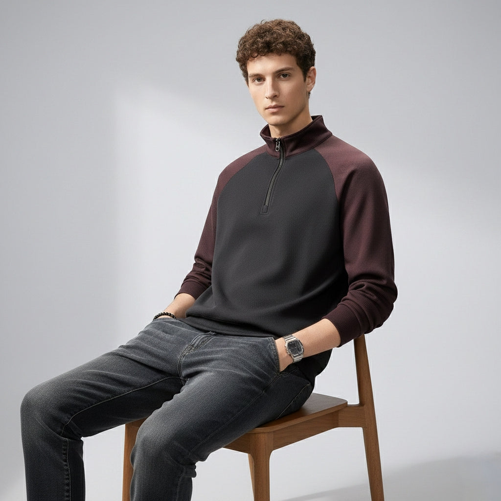Raglan Sleeve Half Zip Sweatshirt in Purple and Black