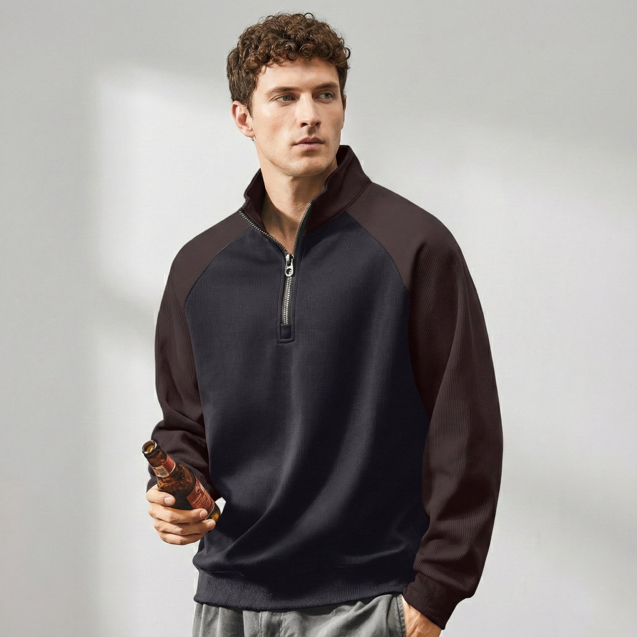 Raglan Sleeve Half Zip Sweatshirt in Purple and Black