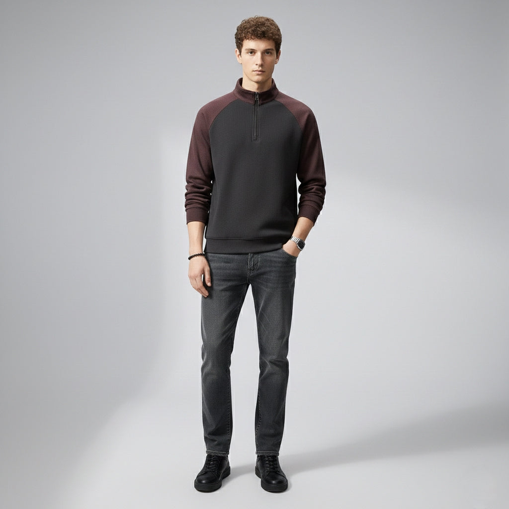 Raglan Sleeve Half Zip Sweatshirt in Purple and Black