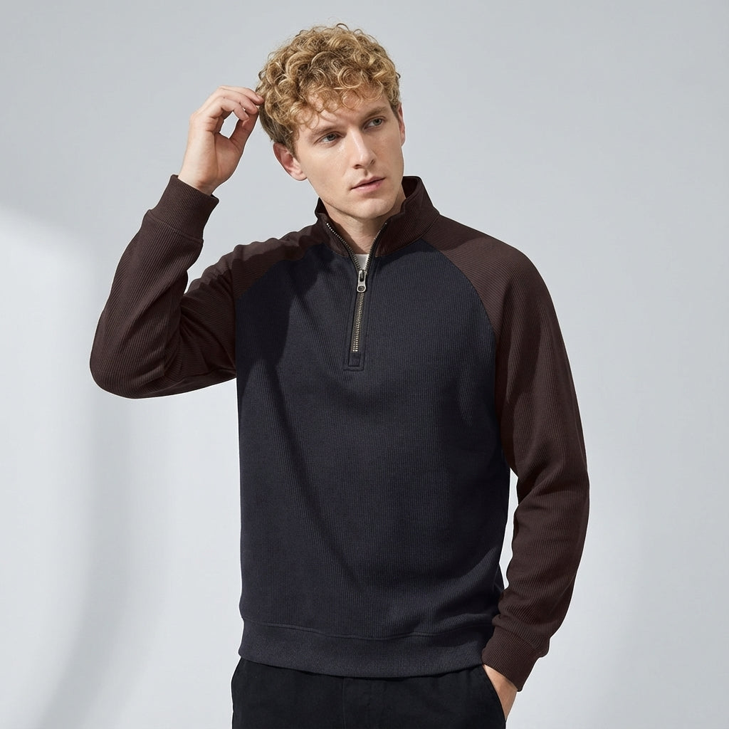 Raglan Sleeve Half Zip Sweatshirt in Purple and Black