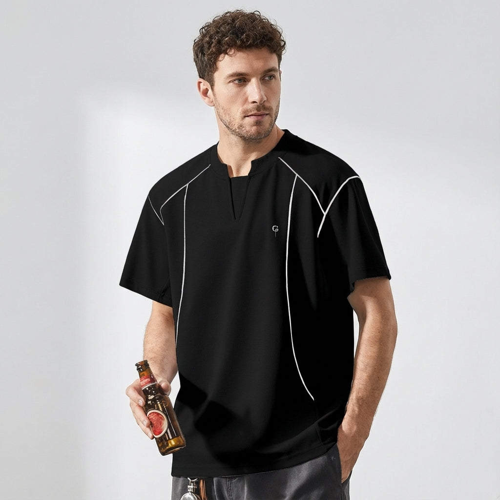 V-Placket Stitch Detail Tee in Black
