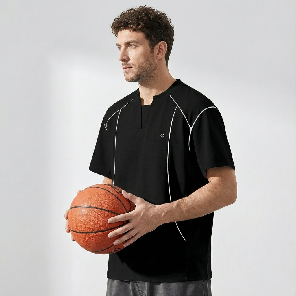 V-Placket Stitch Detail Tee in Black