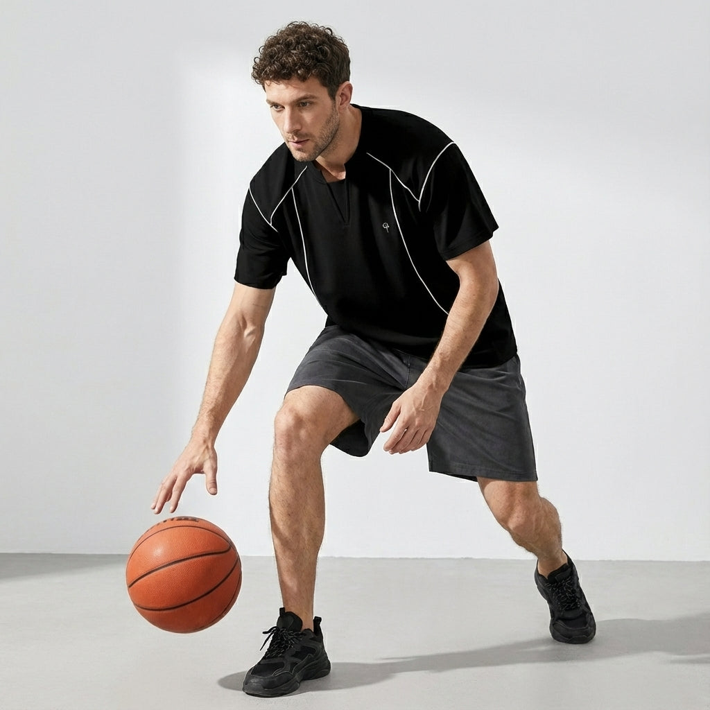 V-Placket Stitch Detail Tee in Black