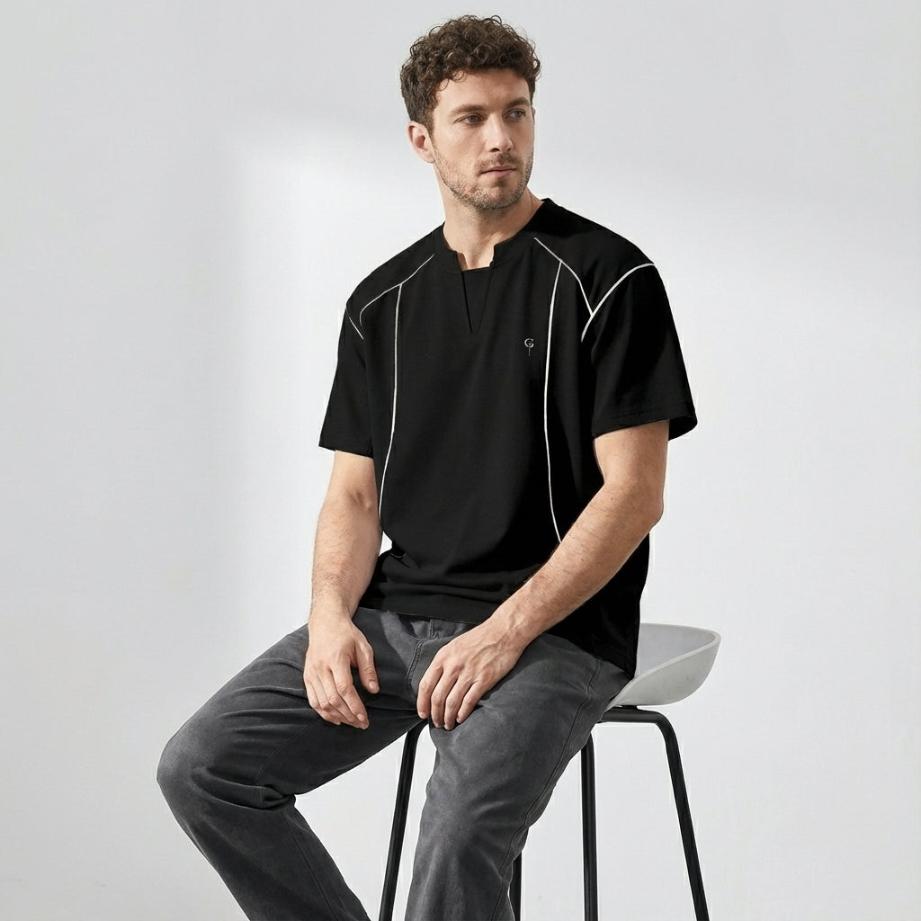 V-Placket Stitch Detail Tee in Black
