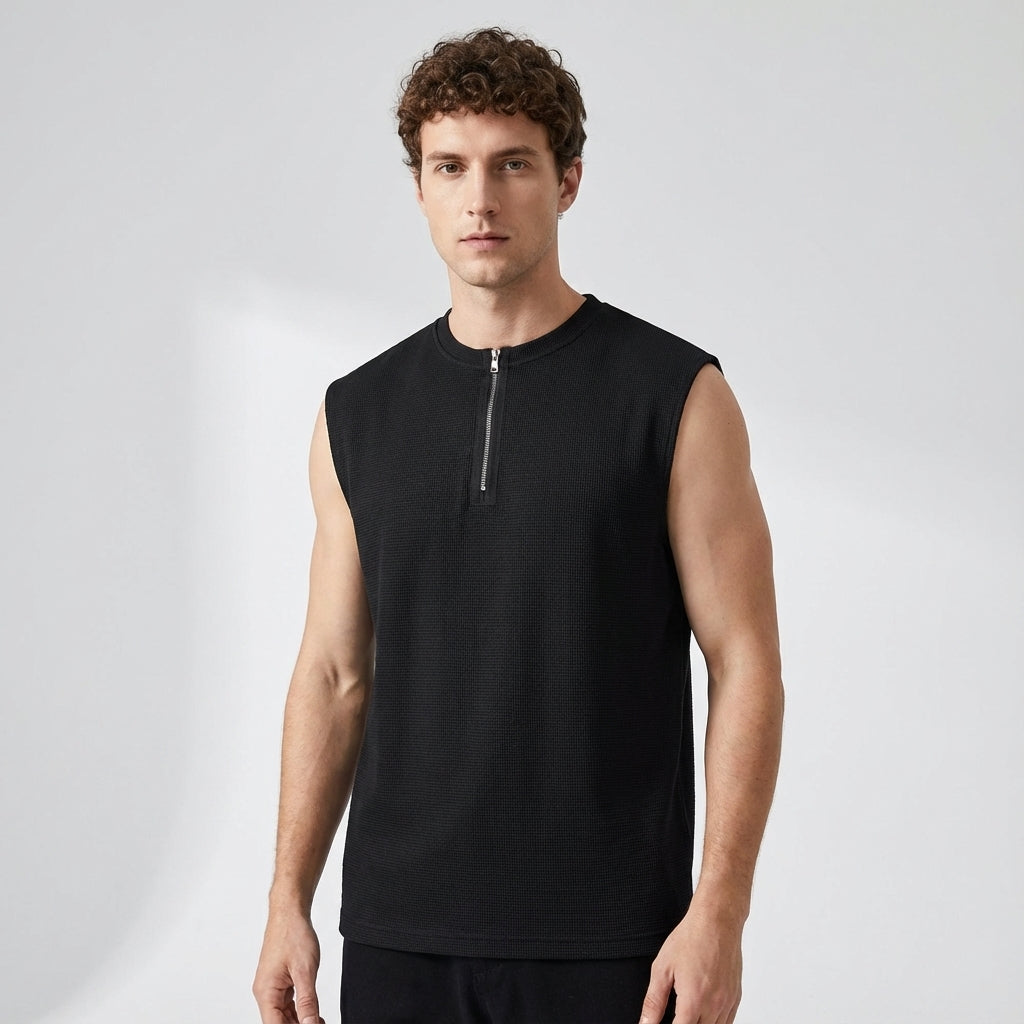 Waffle Grid Zip T-Shirt Vest in Black