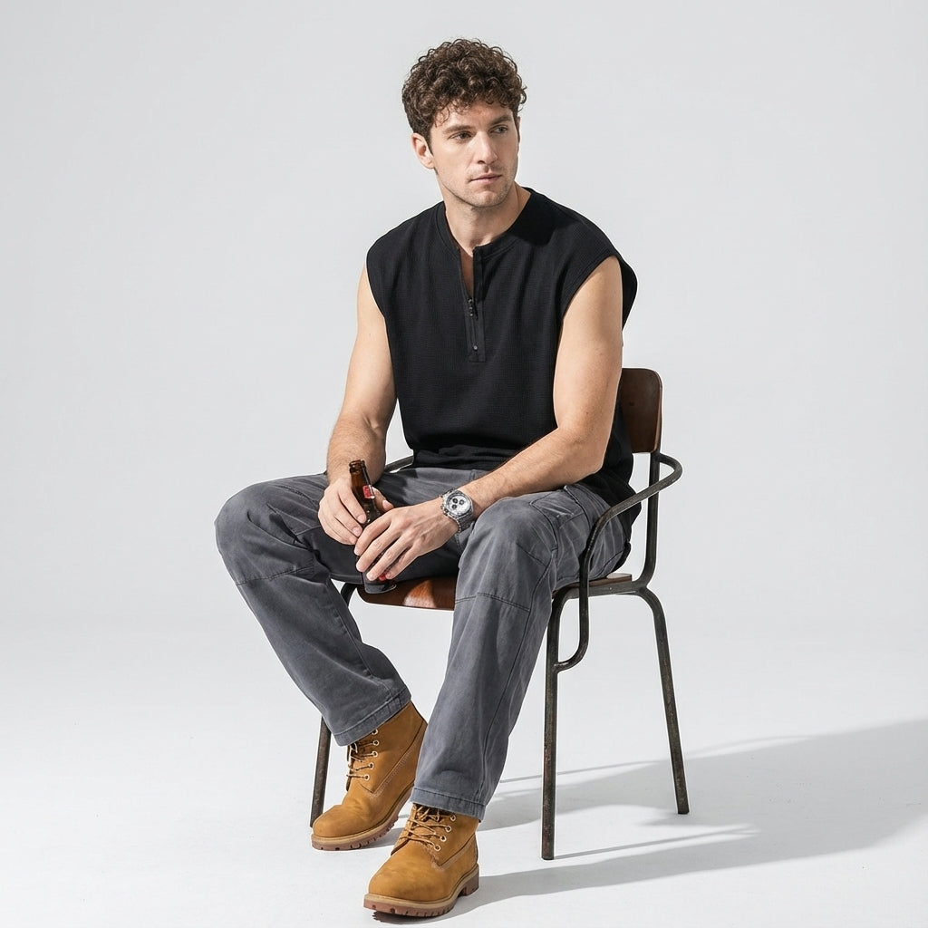 Waffle Grid Zip T-Shirt Vest in Black